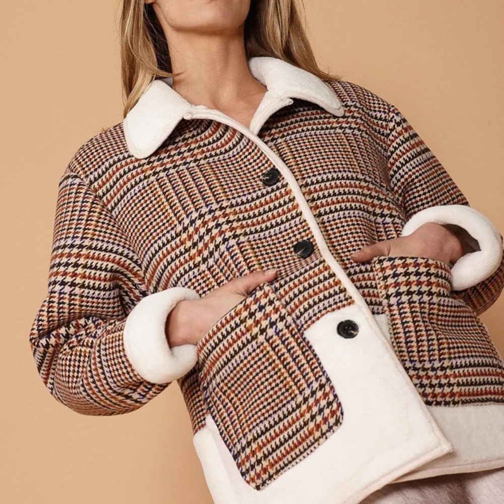 Women's Plaid Fur Jacket in Rust Houndstooth